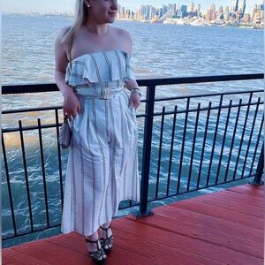 Fashion Nova White and Black Striped Off-Shoulder Belted Jumpsuit